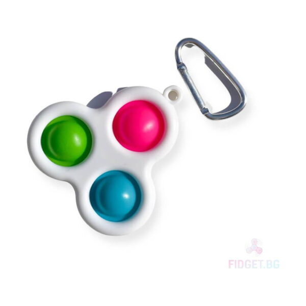 simple-dimple-cu-3-butoane-fucsia-si-galben-si-verde-4 Simple Dimple cu 3 butoane, alb cu butoane verde, fucsia și albastru, cu carabinieră gri