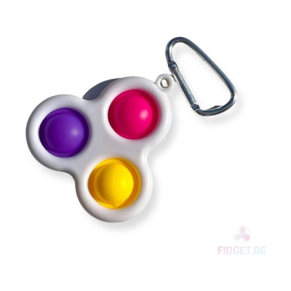 simple-dimple-cu-3-butoane-fucsia-si-galben-si-verde-5 Simple Dimple cu 3 butoane, alb cu butoane mov, fucsia și galben, cu carabinieră gri