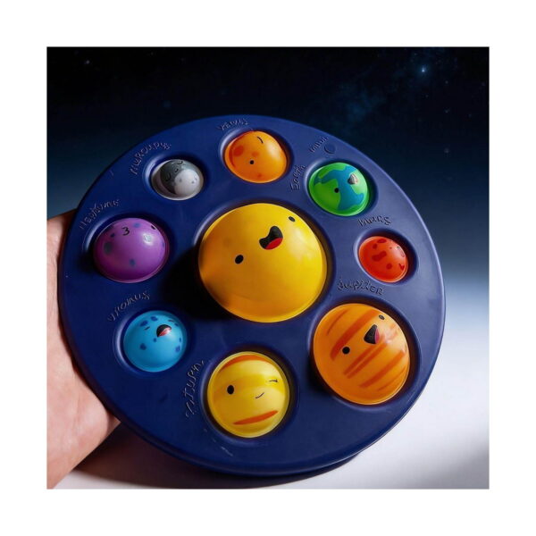 simple-dimple-planete Simple Dimple planete, disc mov ținut în mână, cu Soarele galben în centru și opt planete în relief