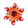 Spinner Fidget Among Us, cu personaje Among Us roșii dispuse în cerc, cu centru portocaliu și roșu