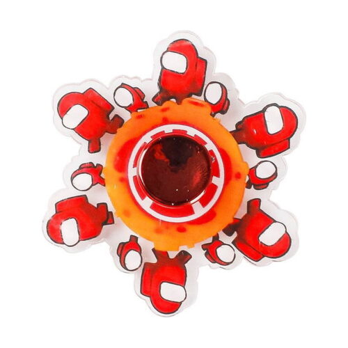 Spinner Fidget Among Us, cu personaje Among Us roșii dispuse în cerc, cu centru portocaliu și roșu