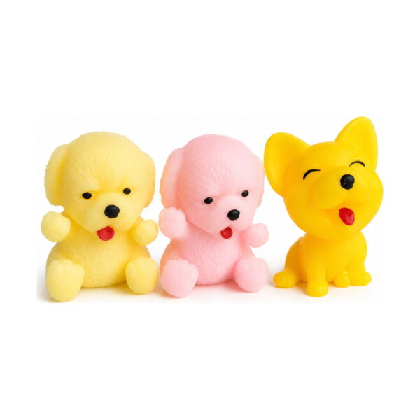 Squishy cățel, trei jucării squishy fără cutie: un cățel galben pufos, un pudel roz și un cățel galben cu urechi ascuțite