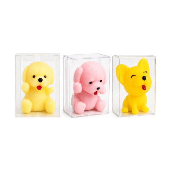 Squishy cățel, trei jucării squishy în cutii transparente: cățel galben, pudel roz și cățel galben cu urechi ascuțite