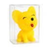 Squishy cățel, squishy galben cu urechi ascuțite, ochi închiși și limba scoasă, într-o cutie transparentă
