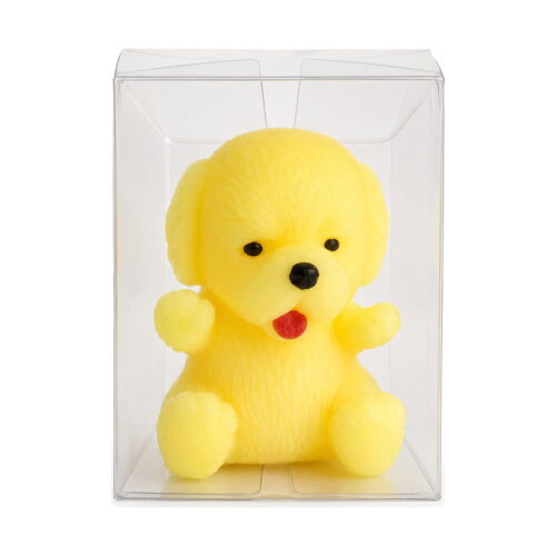 squishy-catel-galben Squishy cățel, squishy galben, cu blăniță pufoasă, așezat într-o cutie transparentă