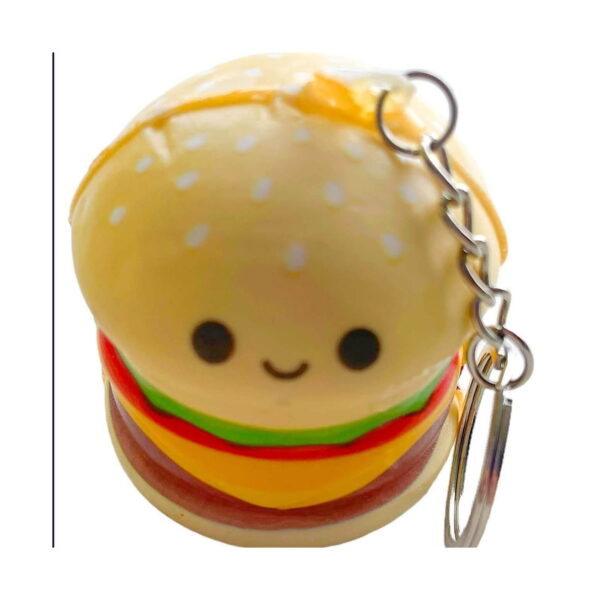 squishy-cheeseburger-mcdonald-s-4 Squishy Cheeseburger McDonald's, squishy cu chiflă cu susan și față zâmbitoare, cu lanț și inel de chei, pe fundal alb