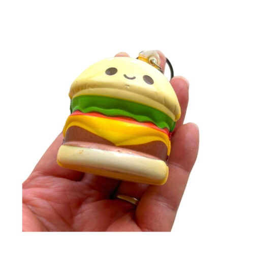 Squishy Cheeseburger McDonald's, breloc squishy cheeseburger cu față zâmbitoare, salată verde, roșie și cașcaval