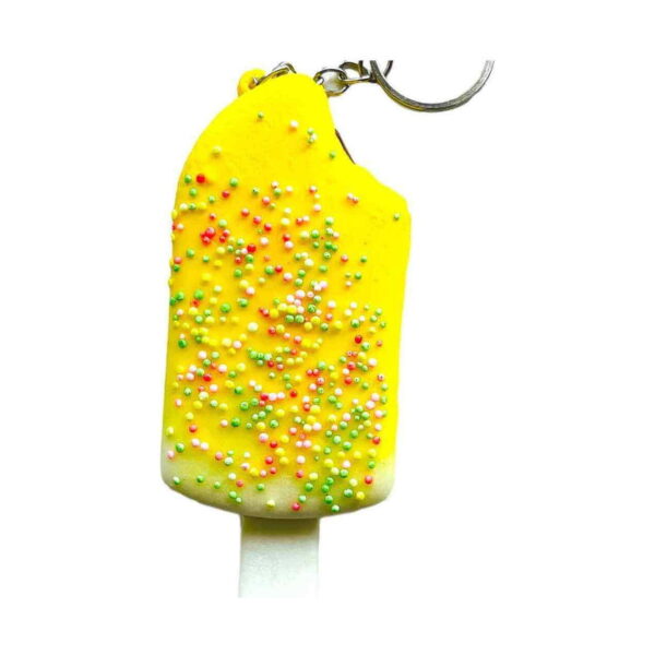 squishy-inghetata-dulce-tentatie Squishy înghețată Dulce tentație, breloc squishy înghețată galbenă cu bilute colorate și băț alb, cu inel de chei