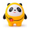 squishy-panda-portocaliu Squishy panda portocaliu, cu salopetă galben-portocalie și căpșună desenată pe burtă, vedere frontală pe fundal alb
