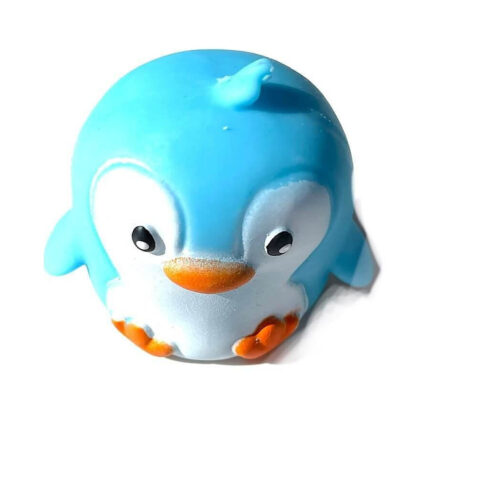 squishy-pinguin Squishy pinguin, jucărie squishy în formă de pinguin albastru, cu burtă albă, cioc și lăbuțe portocalii, văzută din față