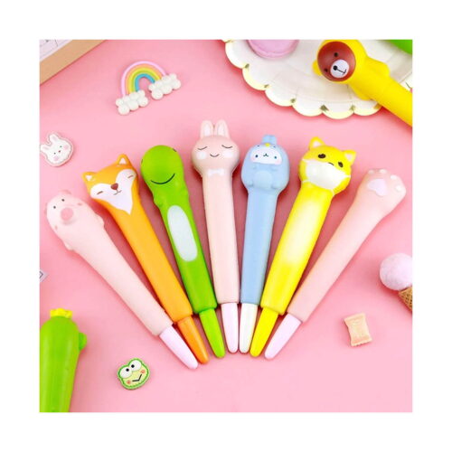 Pix squishy, șapte pixuri squishy cu capete de animale (vulpe, dinozaur, iepuraș, urs, pisică, lăbuță) pe fundal roz
