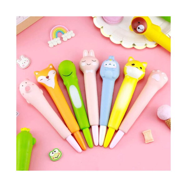 squishy-pix-2 Pix squishy, șapte pixuri squishy cu capete de animale (vulpe, dinozaur, iepuraș, urs, pisică, lăbuță) pe fundal roz