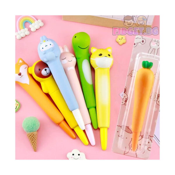 squishy-pix-3 Pix squishy, mai multe pixuri squishy cu modele diferite și un pix morcov în ambalaj transparent