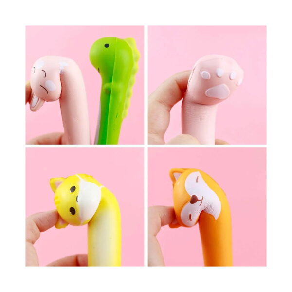 squishy-pix-detaliu Pix squishy, montaj cu patru prim-planuri cu degete care strâng capetele moi ale pixurilor squishy