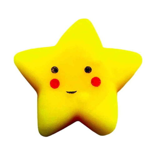 Squishy steluță, în formă de steluță galbenă cu ochi negri, obraji roșii și zâmbet, pe fundal alb